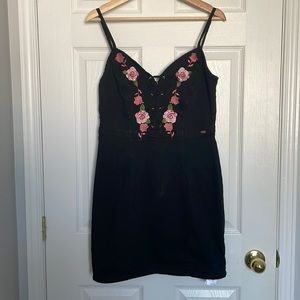 Guess embroidered lace up black mini dress